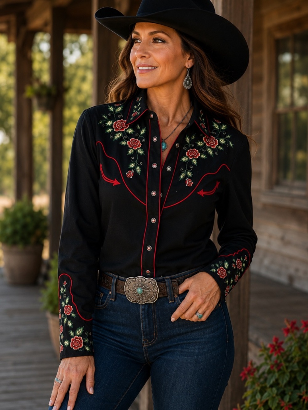 Scully Embroidered Western Pearl Snap Shirt • Size Large • Black Rose Floral
